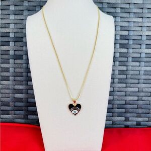 Gold Heart Evil Eye Pendant Necklace - Black Enamel